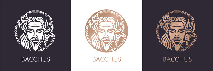 Man face logo with grape berries and leaves. Bacchus or Dionysus. A style for winemakers or brewers.