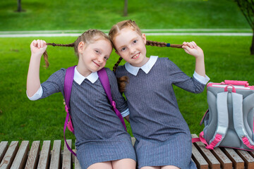 two cute schoolgirls are sitting on a bench and smiling. the sisters are happy to go back to school. redheads pigtails