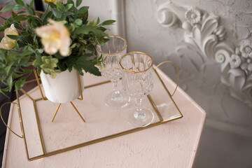 Beautiful vintage wedding decoration with champagne and white fl
