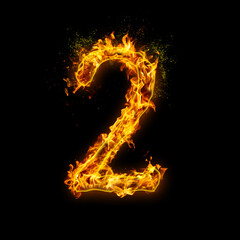 Number 2. Fire flames on black isolated background, realistick fire effect with sparks. Part of alphabet set