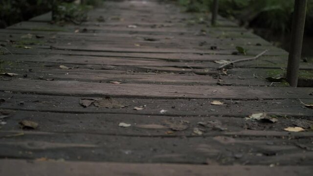 Rustic rickety bridge low panning shot