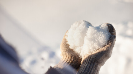 Heart shaped snow in hands. Free space for text