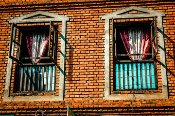 View of the facade of an old house in Nepal
