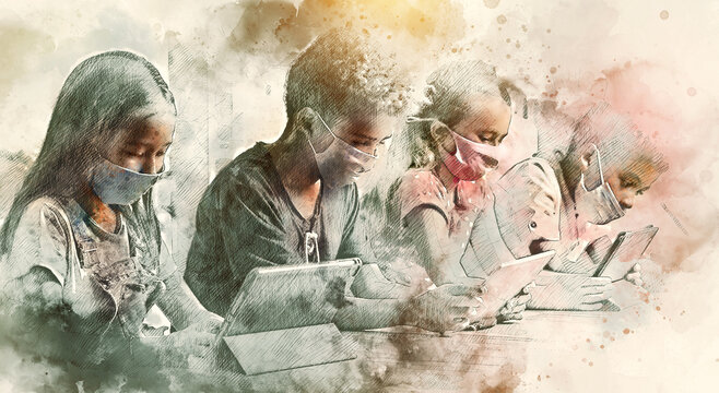 Four diverse kids wear facemasks sit at table use wireless gadgets ignoring each other prefer internet games. Alpha generation and modern technology overuse, phubbing concept. Digital watercolor image