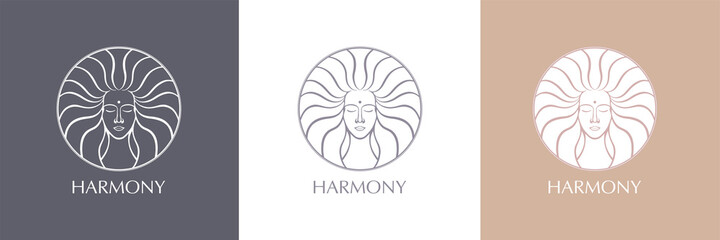 Female face logo. Emblem for a beauty or yoga salon. Style of harmony and beauty. Vector illustration