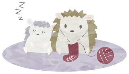 編み物をするハリネズミのイラスト(水彩風)