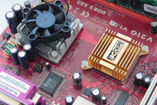 Sochi, Russia - September 25 2020: Barbone computer system with integrated VIA C7 cpu from PCCHIPS manufacturer