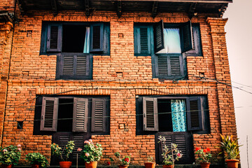 Fototapeta na wymiar View of the facade of an old house in Nepal 
