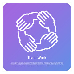 Teamwork, hands holding each other by wrist. Thin line icon. Collaboration, support, solidarity, effective work in group. Vector illustration.