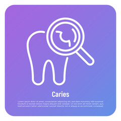 Tooth with caries under magnifier. Toothache. Thin line icon. Dentistry, stomatology. Vector illustration.