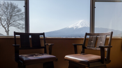 Fototapeta premium View of Mt. Fuji or Fuji-san from window at lake kawaguchiko, Japan.
