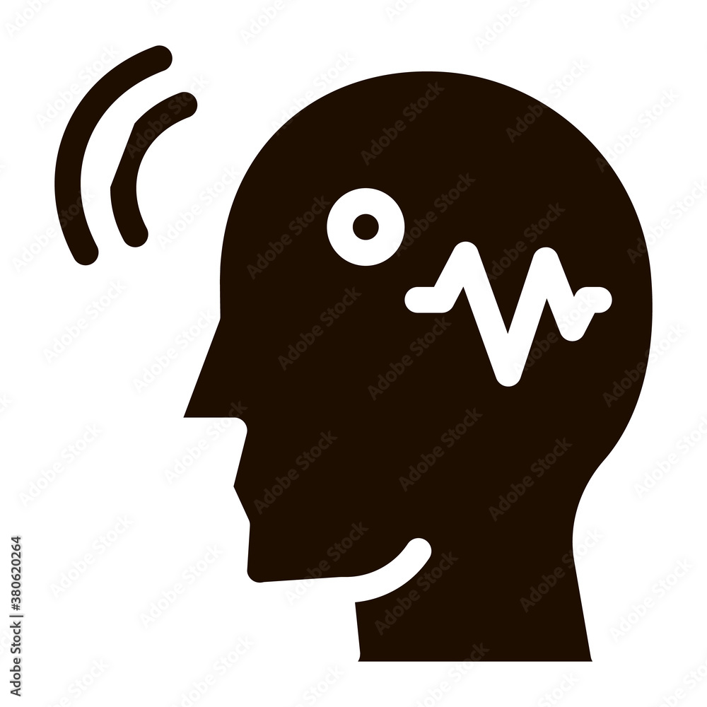 Poster brain telepathic control vector icon. artificial intelligence details character head and telepathic 