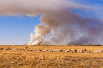 Smoke over the steppe. Fire in the steppe. Environmental disaster. Garbage in the steppe. Smoke column. Smoke screen over the plain. Dry yellow grass. Ecological problem. Environmental pollution