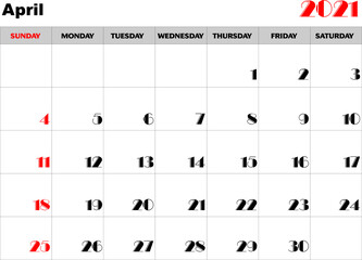 Calendario mes Abril 2021 en ingles