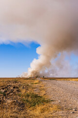 Fire in the steppe. Fire at an industrial plant. Ecological problem. Steppe road. Environmental pollution. Environmental disaster. Garbage in the steppe. Smoke screen over the plain. Dry yellow grass.