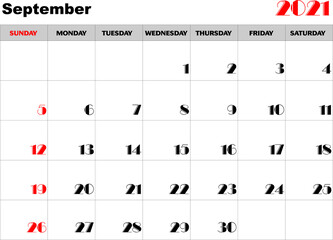 Calendario mes Septiembre2021 en ingles