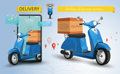 Fast delivery by scooter service. Shopping website on a mobile. Online food order concept. Web Banner, app template. Vector illustration