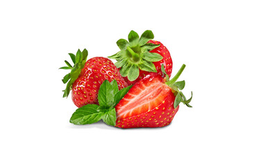 Two delicious strawberries and a half isolated on white background. Summer harvest. Close up, copy space, side view