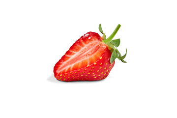 Half a strawberry isolated on white background. Summer harvest. Close up, copy space, side view
