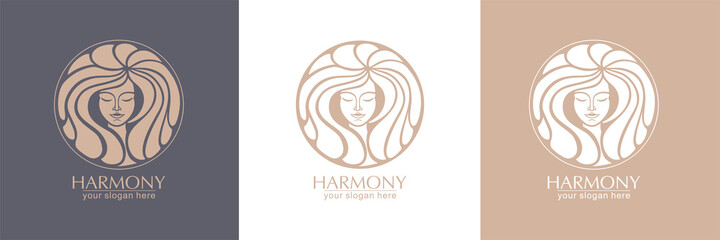 Female face logo. Emblem for a beauty or yoga salon. Style of harmony and beauty. Vector illustration