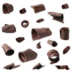 Set with yummy chocolate curls on white background