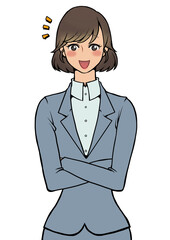 腕組みをして良いことを思いついた様子のスーツを着た女性