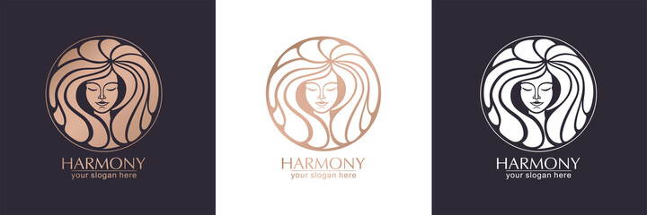 Female face logo. Emblem for a beauty or yoga salon. Style of harmony and beauty. Vector illustration