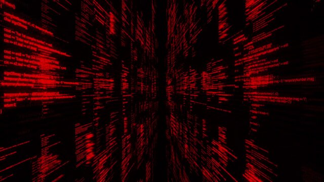 Abstract hackers attack, technology and connection concept. Animation. Endless lines of computer code being written automatically on black background, seamless loop.