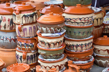 Traditional Balkan handmade clay pottery on the holiday market in Serbia