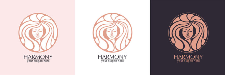 Female face logo. Emblem for a beauty or yoga salon. Style of harmony and beauty. Vector illustration