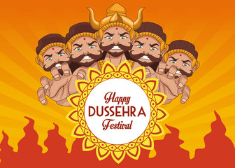 happy dussehra festival poster with ten headed ravana and mandala