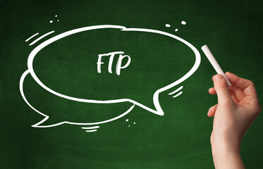 Hand drawing FTP abbreviation with white chalk on blackboard