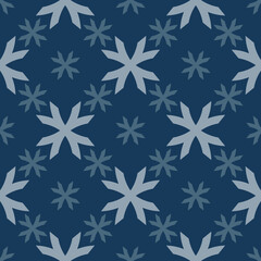 Vector geometric floral pattern. Seamless texture in ethnic style. Abstract ornament with big flower shapes, crosses. Elegant dark blue winter background. Simple repeat design for decor, wallpapers