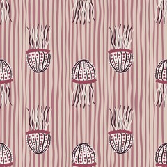Doodle seamless marine pattern with sea jellyfishes. Exotic fish print with stripped background.