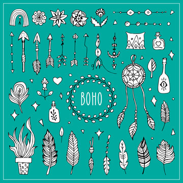hand drawn boho set. Hand drawn ethnic design elements. collection.set with tribal, indian, aztec, hipster, boho elements. by national american motifs for, cards, flyers, posters, prints.Arrows boho