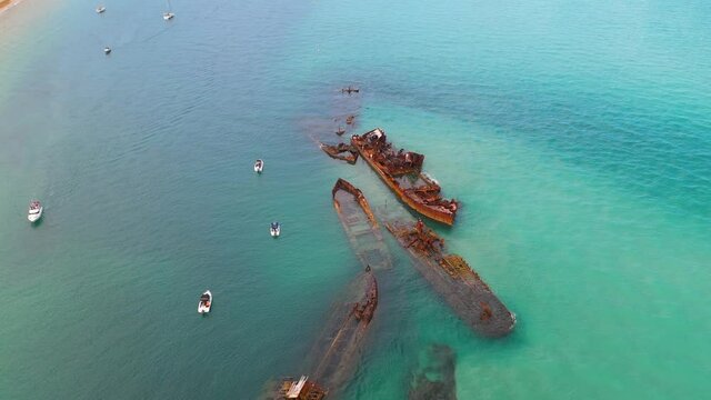 Tangalooma Shipwrecks Off Moreton Island Coast, Australia, Aerial View