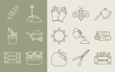 garden equipment, organic seeds, fertilizer, , pruners, watering can and other tools line icons style
