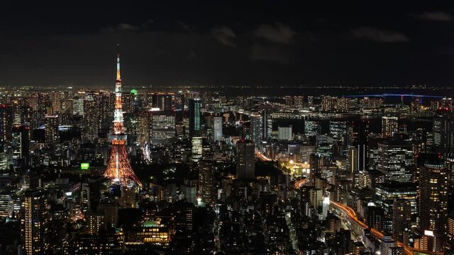 Beautiful night timelapse, Panorama view out on Tokyo Tower view night traffic