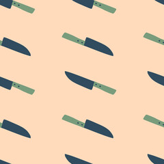 Simple knife doodle silhouettes seamless pattern. Green and navy blue colored print on light pink backdrop.