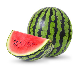 Slice of watermelon and whole watermelon isolated on white background. Full depth of field.