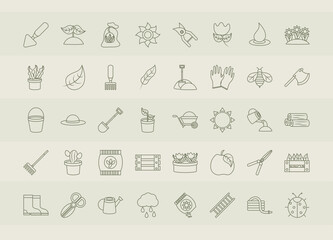 gardening tools, packages of soil, fertilizers, seeds, flowerpots, planting and growing process icons set line icons style