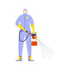 Man in protective suit and mask sprays and disinfects object. Medical worker wearing safety uniform standing in respirator and protection jumpsuit. Vecto doctor isolated on white.