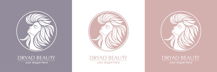 Dryad. Female face logo in profile with leaf hair. Emblem for a beauty or yoga salon. Style of harmony and beauty. Vector illustration