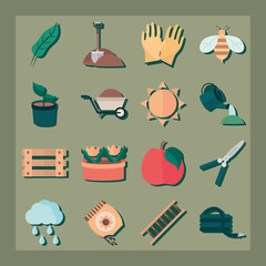 gardening, collection of fruit flower tools plant flat icon style