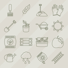 set of icons gardening cactus flower scissors leaf sunflower line icons style
