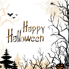 Happy halloween banner on white background. Scary forest with black trees and bats. Frame for text, congratulations and invitations.