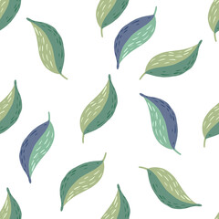 Seamless isolated spring pattern with random located green colored leaf silhouettes. White background.
