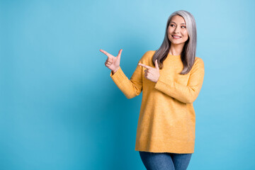 Choose best option. Photo of pretty charming old lady white grey hairdo direct fingers look empty...