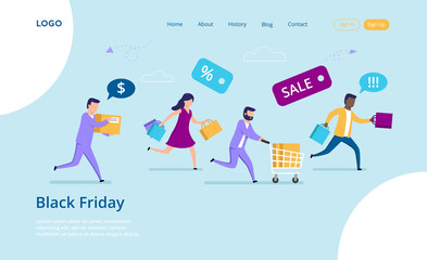 Black Friday, Big Sale, Mega Sale Concept. Male And Female Characters Run Fast To Catch The Big Sale On Black Friday. People In A Hurry Carrying A Cart And Shopping Bags. Flat Vector Illustration