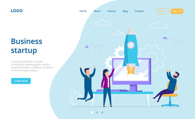 Business Startup Concept. Team Cooperation, Team Working Together. Group Of People Creating A Joint Idea For Business Startup Shaped As Rocket. Trendy Website Template, Flat Style Vector Illustration
